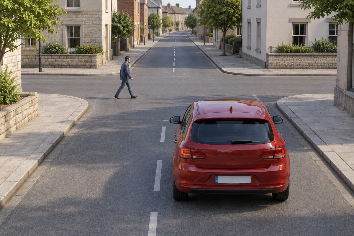A red car and a pedestrian at an unmarked junction crossing.