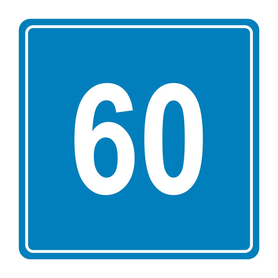 Blue square sign with a thin white inset border and the number 60.