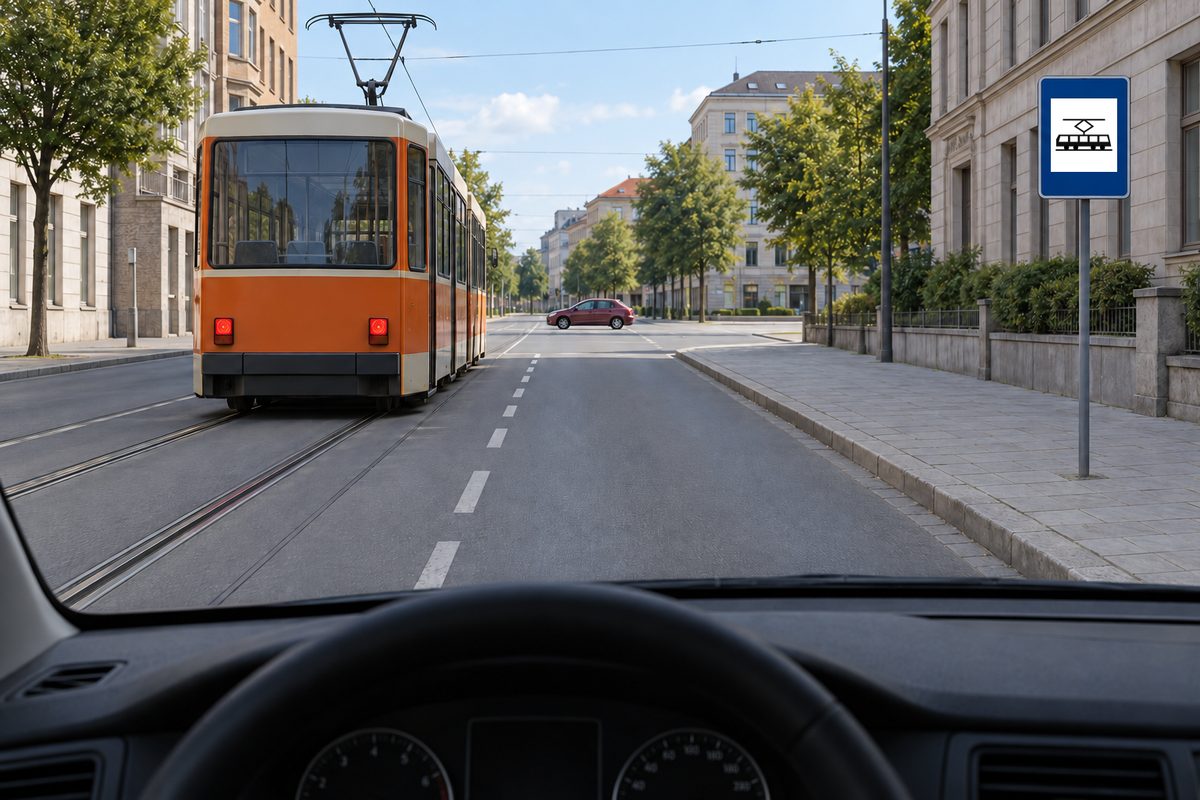 An orange-and-cream tram ahead on the left, an empty right-side tram stop, and a maroon car across a distant junction.