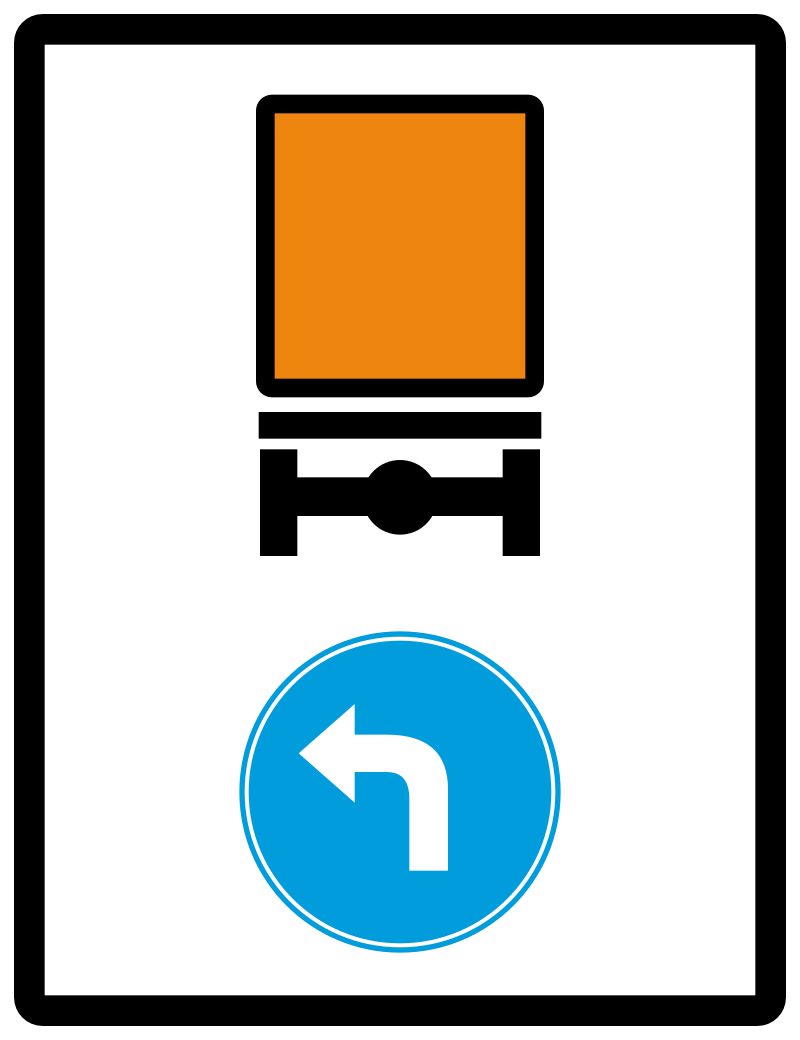 White black-bordered rectangular sign with an orange panel above a black vehicle axle, and a blue disc with a white left-turn arrow below.