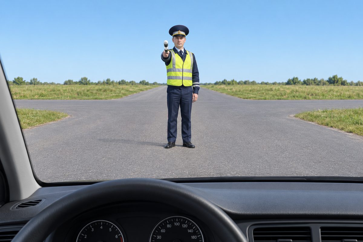 View from a car at an empty four-way junction. A traffic controller faces the driver with his right arm extended forward toward the driver.