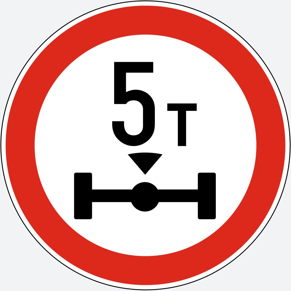 White circle with a red border; black text “5 т” above a downward black triangle and a horizontal axle with a wheel at each end.