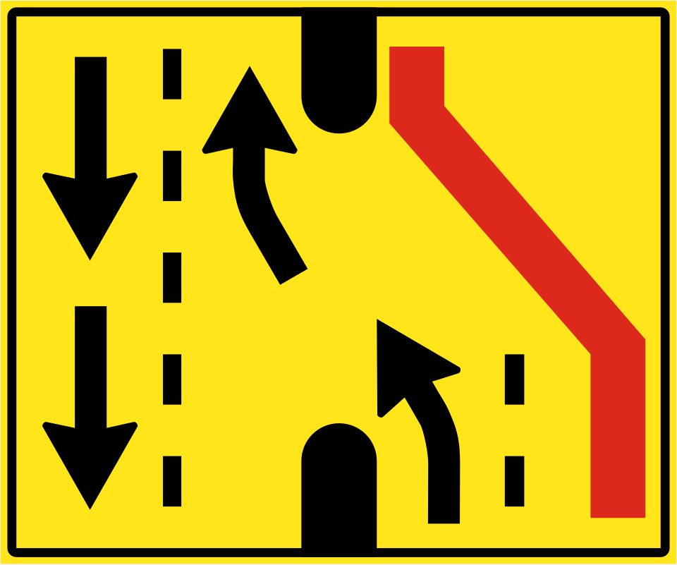 Yellow rectangle with a black border; two black downward arrows at left, two curving upward arrows around black blocks in the middle, dashed black lines, and a thick red line along the right bending toward the upper middle.