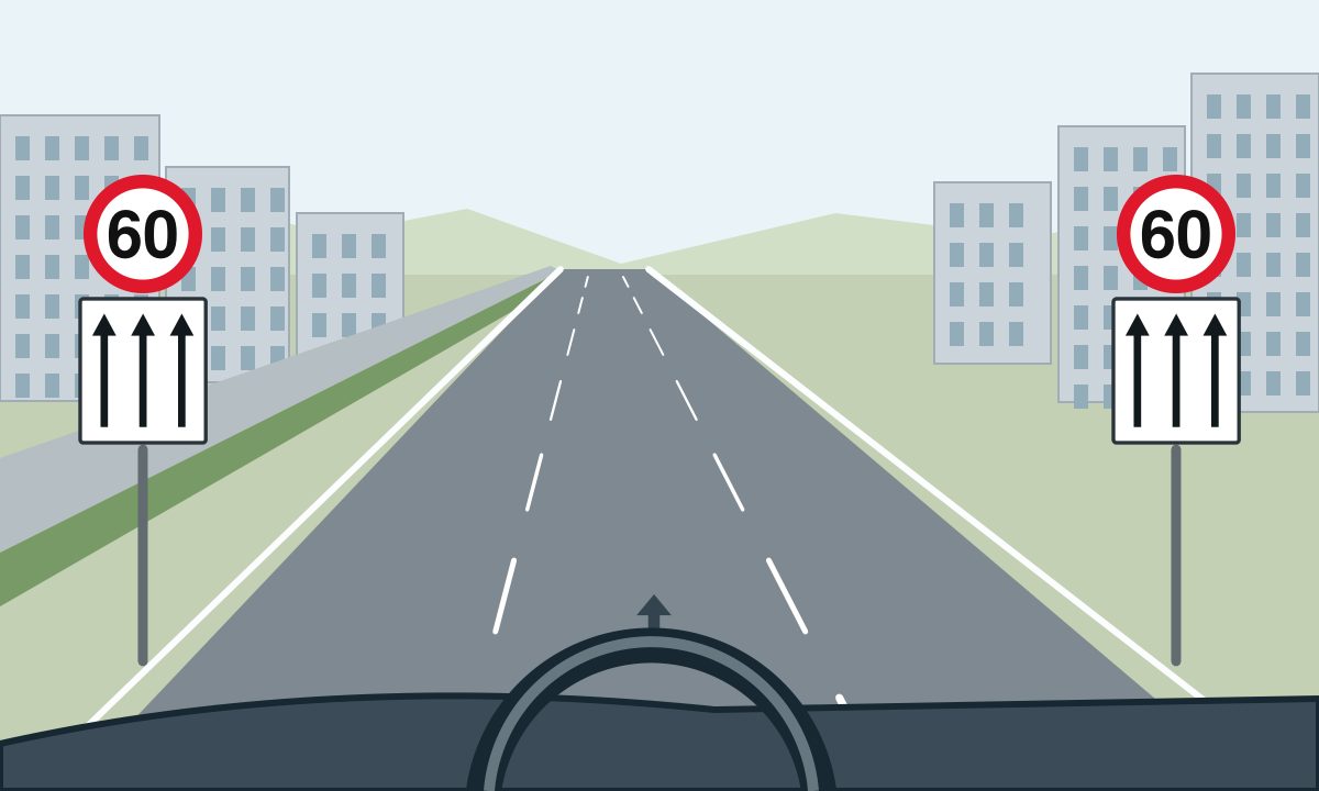 Middle-lane driver view of an empty three-lane urban road, with a forward arrow between broken separators and paired 60 signs above three-arrow panels.