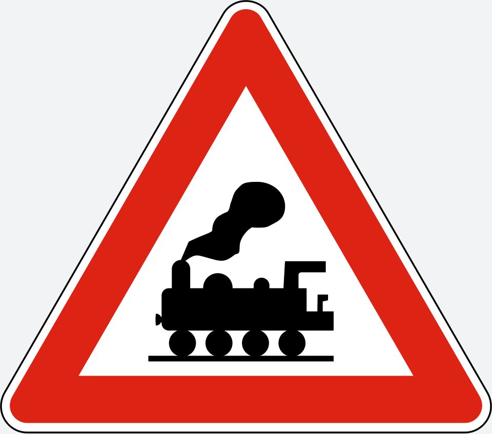 Red-bordered upright triangle; black steam locomotive silhouette.