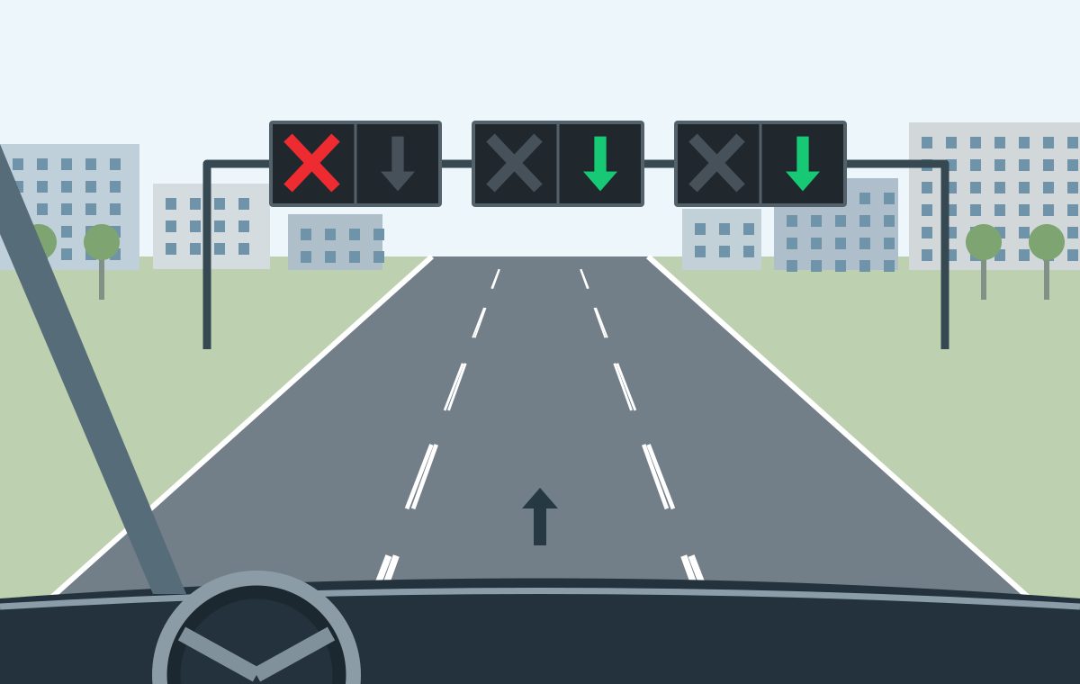 Driver view of three lanes beneath a red cross and two green downward arrows.