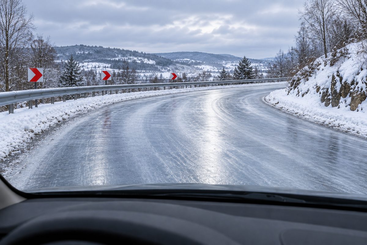 View through a windscreen of an empty icy road curving right, with snow-covered verges, a guardrail and red-and-white right-pointing chevrons.
