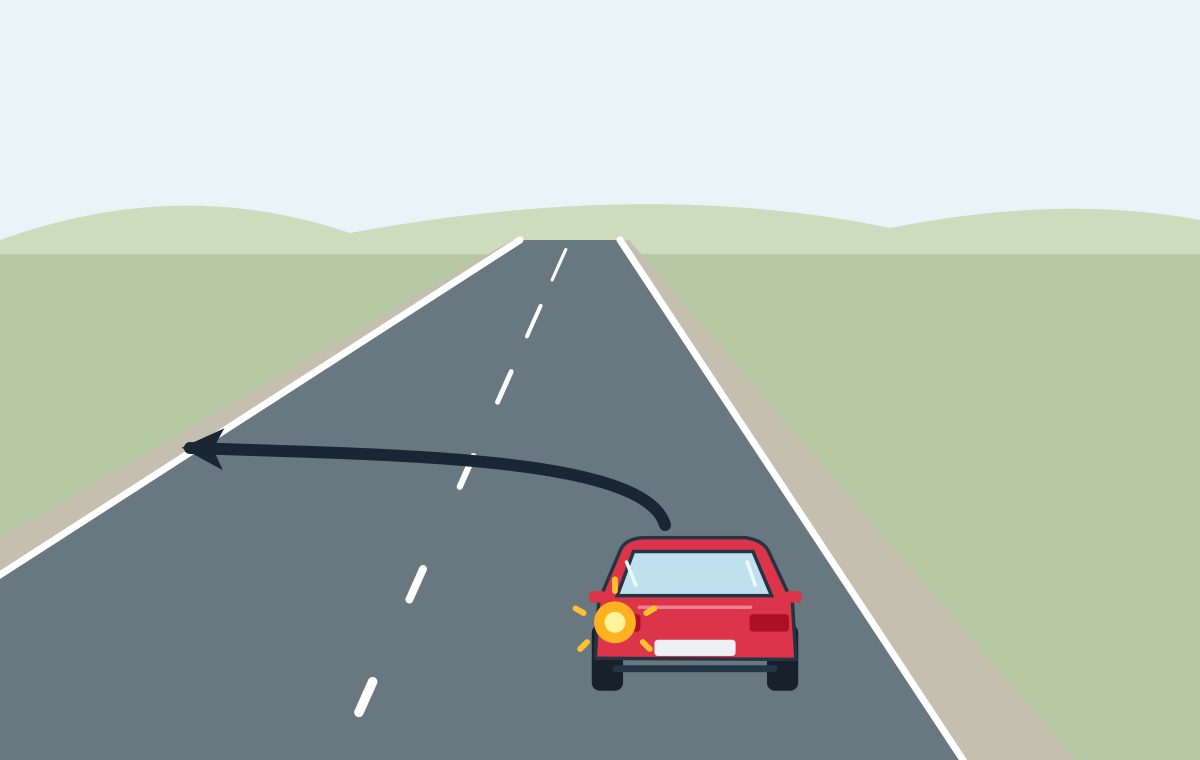 Red car signals left and a curved path leads across a broken centre line towards the opposite roadside.