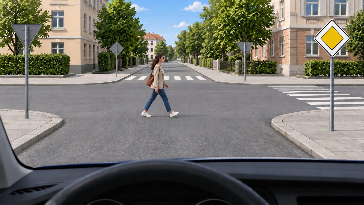 A pedestrian crosses the near side of a junction.