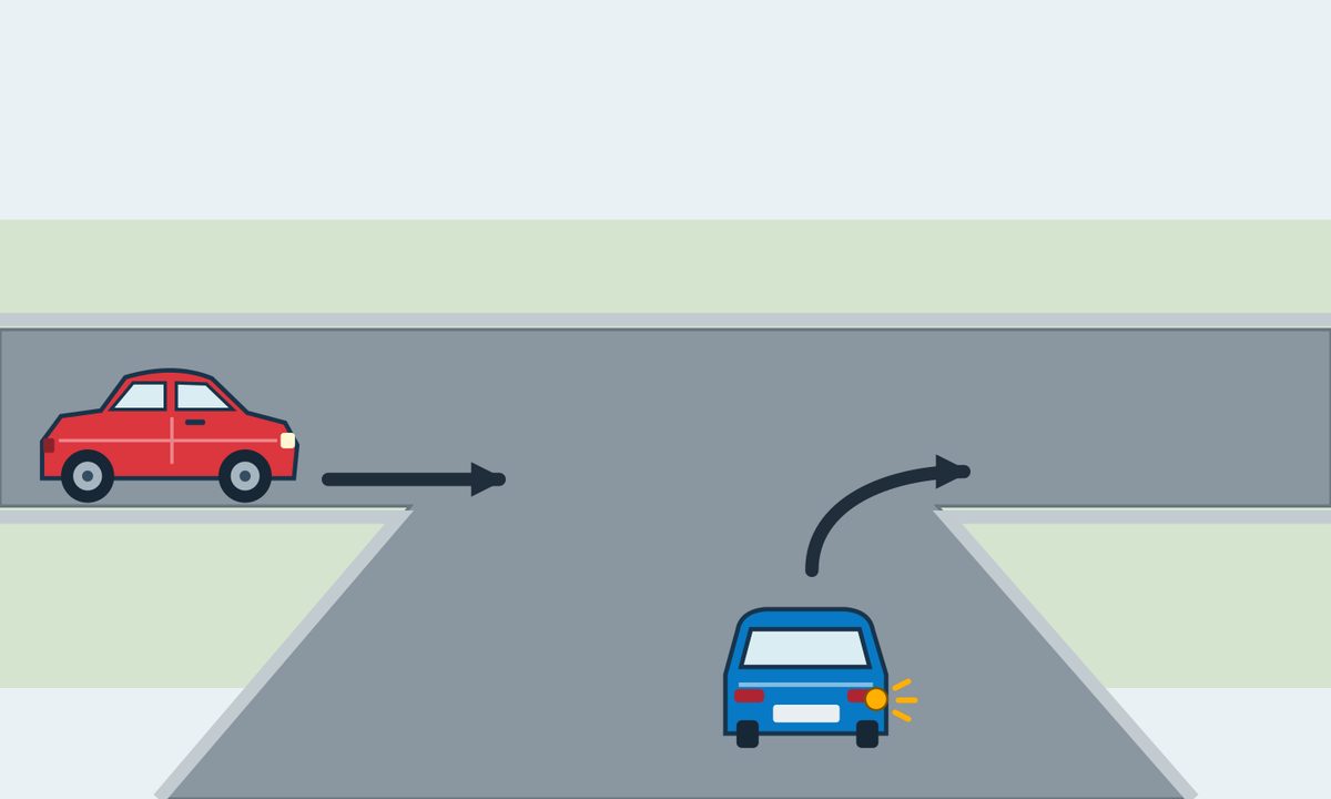 A blue car viewed from behind signals a right turn at an unsigned T-junction; a red car approaches from the left.