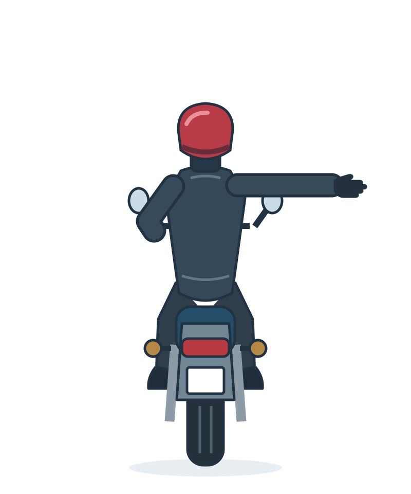 Rear of a motorcyclist with the right arm extended sideways.