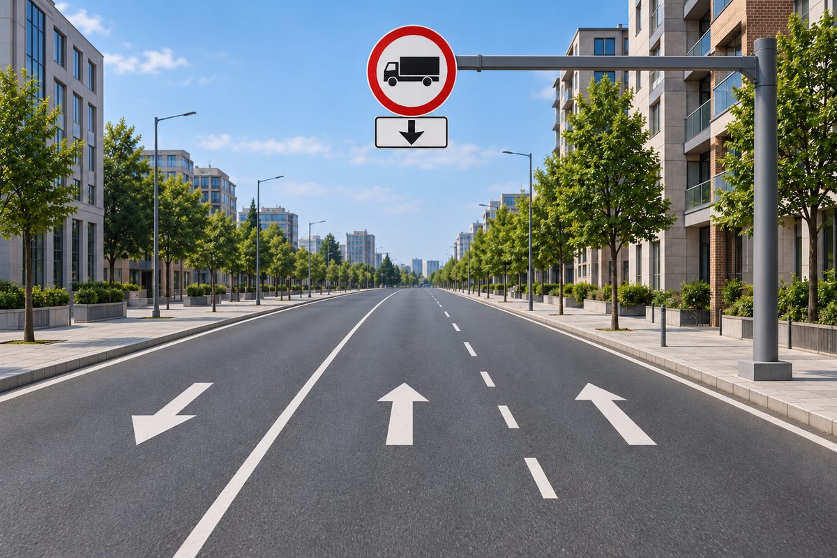 An undivided urban road with three lanes: the left arrow points toward the viewer and the middle and right arrows point away. An overhead red-bordered lorry sign and separate downward-arrow plate hang above the middle lane.