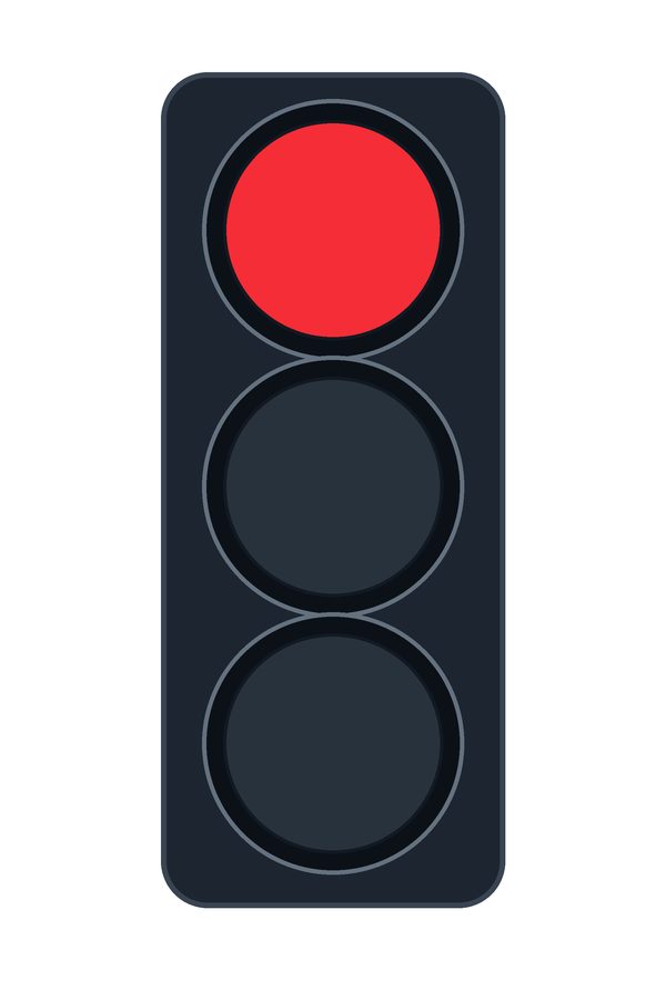 Vertical three-lamp traffic signal with only the top red lamp illuminated.