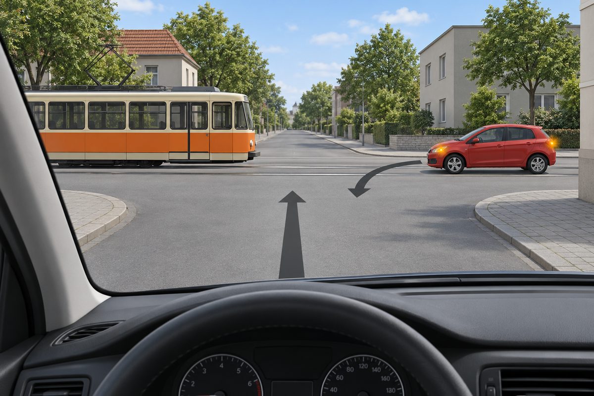 Driver view of an unsigned junction with a straight-ahead arrow, an orange-and-cream tram approaching from the left on rails, and a red car from the right signaling a turn toward the foreground.