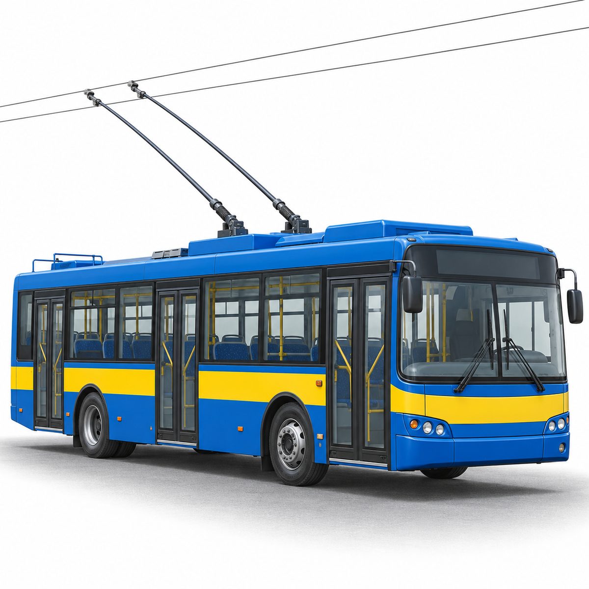 Blue and yellow passenger vehicle with overhead contact poles and rubber tyres.