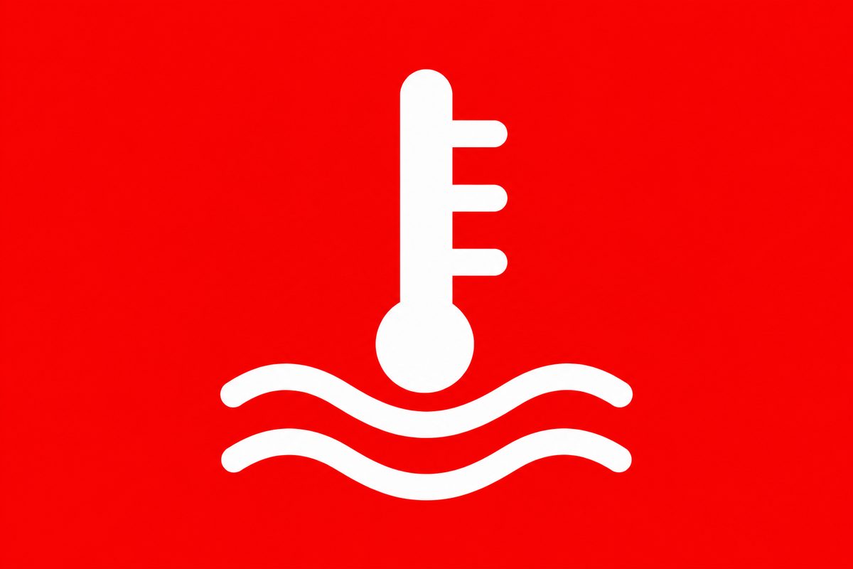 White vertical stem with right-side ticks and a round base above two wavy lines, on red.