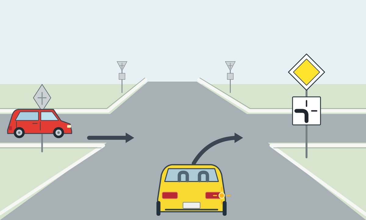 A yellow car seen from behind has its right amber lamp lit and an arrow curving right. A red minivan approaches from the left with a straight arrow. A yellow diamond stands above a white plate whose thick black line connects bottom and left; the top and right branches are thin.