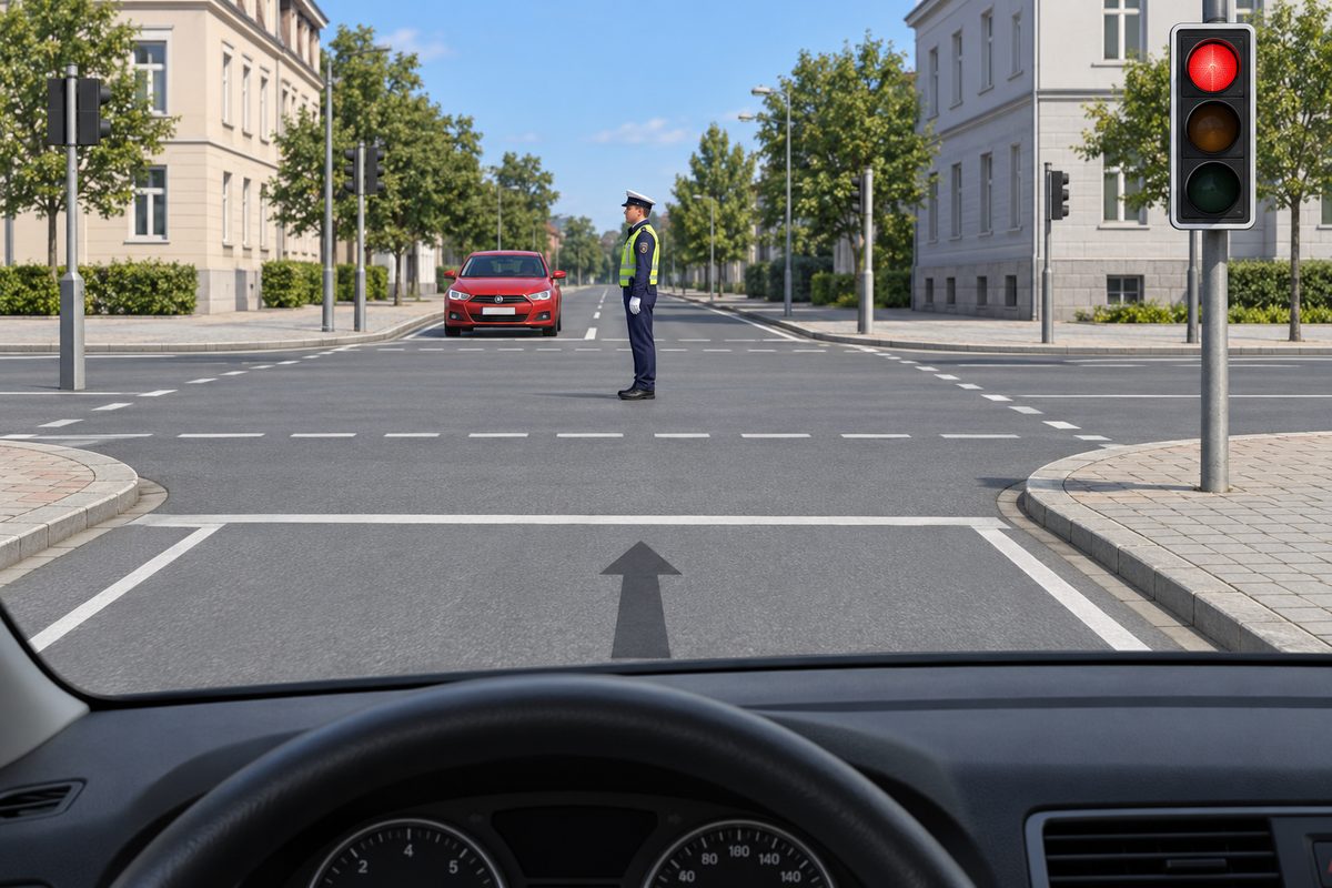 Driver view of a junction with a red signal, a traffic controller seen from the side with arms lowered, an oncoming red car, and a straight-ahead arrow.