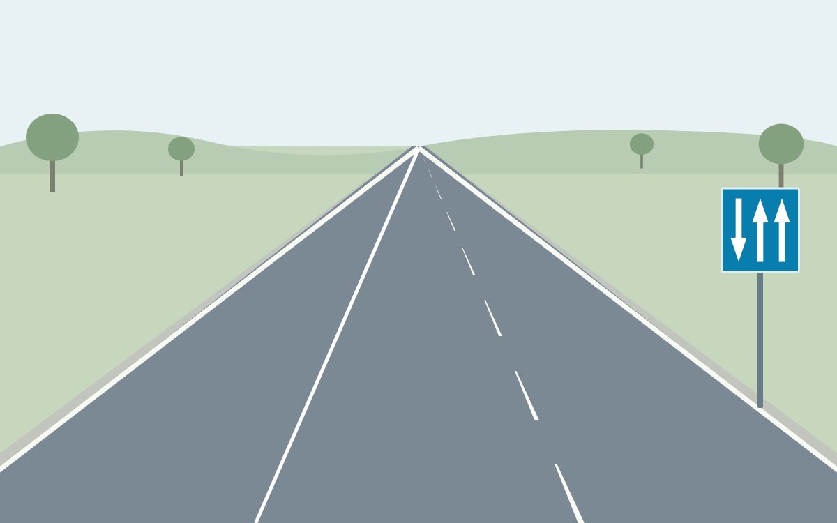 An empty three-lane rural road with a solid left internal divider and a broken right internal divider; a blue rectangular panel at the right has three white arrows: down, up, up from left to right.