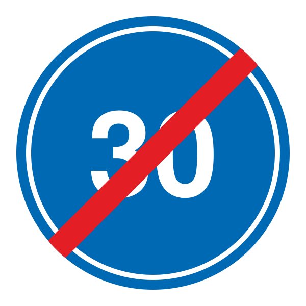 A blue circular sign with a white rim, the number 30, and a red diagonal bar.