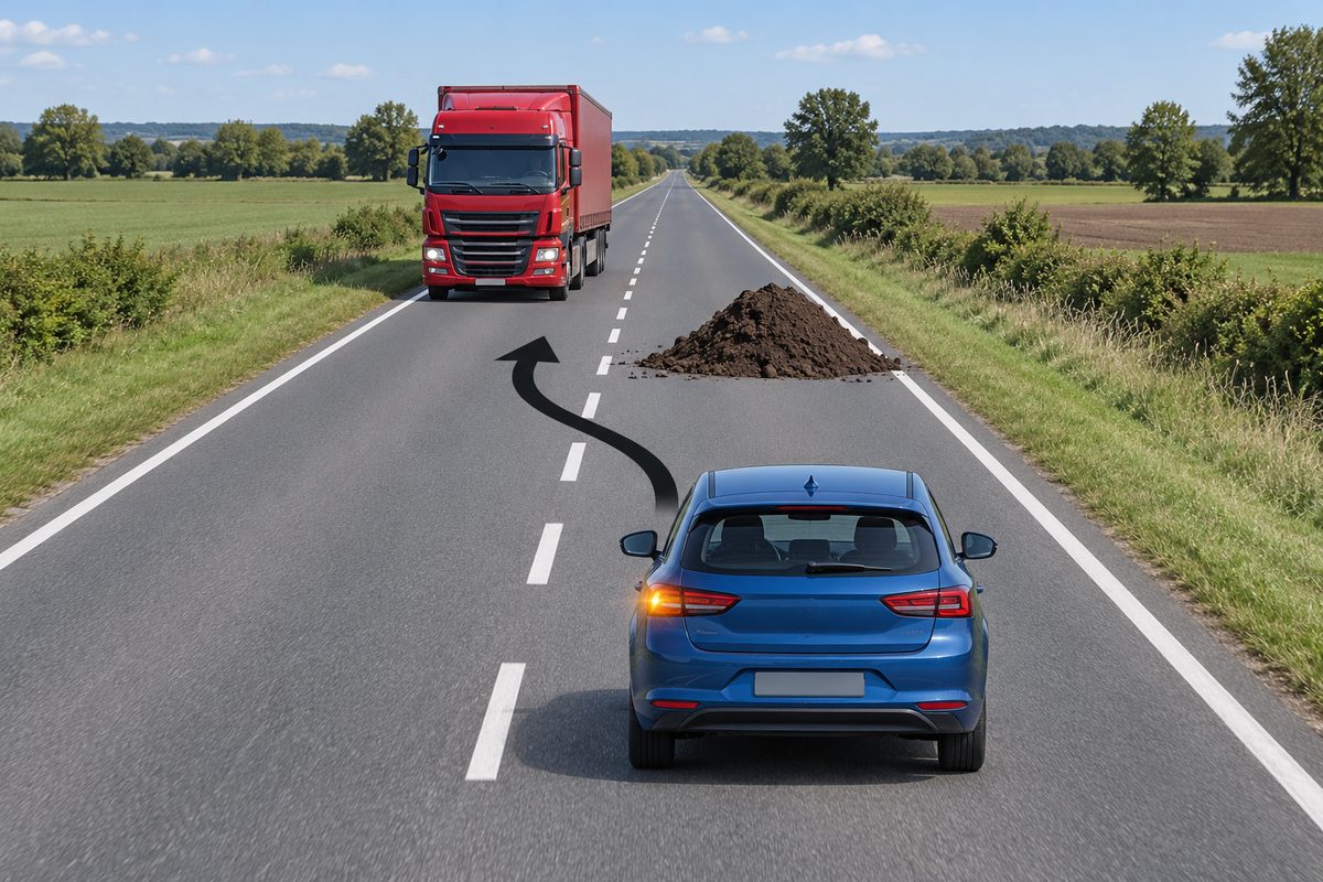 Rear view of a blue car in the right lane, its left amber lamp lit. A mound lies ahead in that lane; a red lorry faces the viewer in the opposite lane. A black arrow bends left over a broken white centre line.