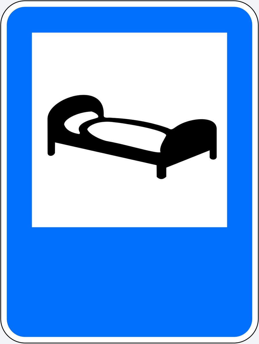 Portrait blue rectangle with a white inset panel containing a black bed silhouette.