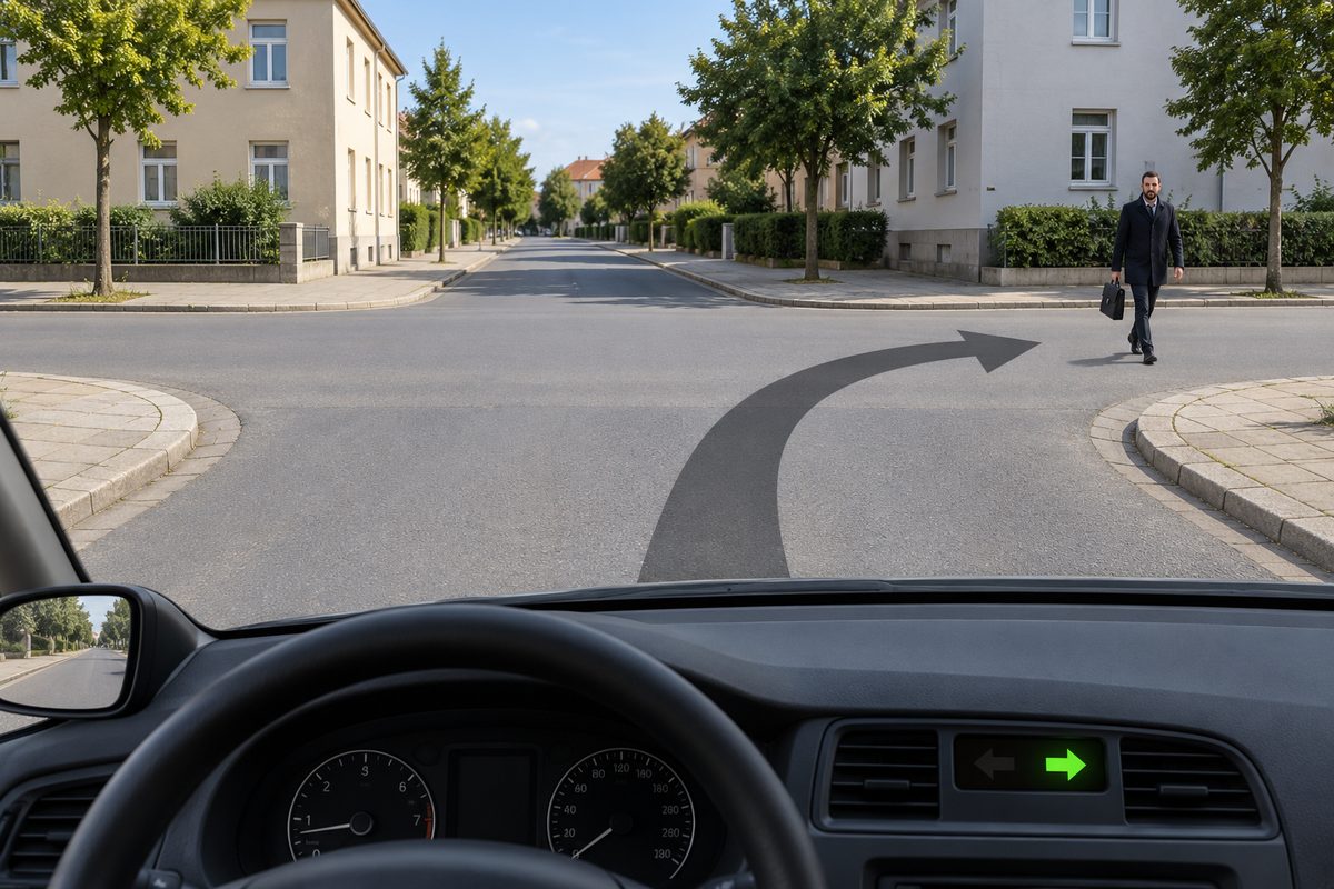 Driver view at a crossroads with a right-curving arrow and green right dashboard arrow. A person in dark clothing carrying a black bag crosses the right road; no signals, signs or crossing stripes are visible.