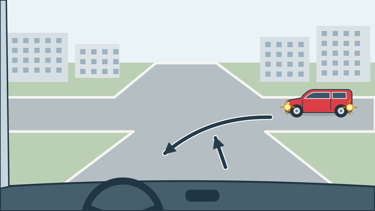 Driver view of an unsigned junction: the driver intends to go straight and a red car on the right indicates a left turn toward the foreground.