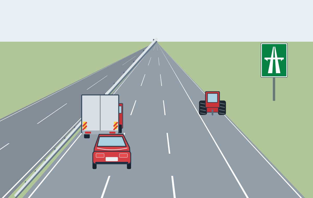 Three-lane motorway with a lorry in the left lane, a red car over the left/middle divider, and a red tractor on the shoulder.