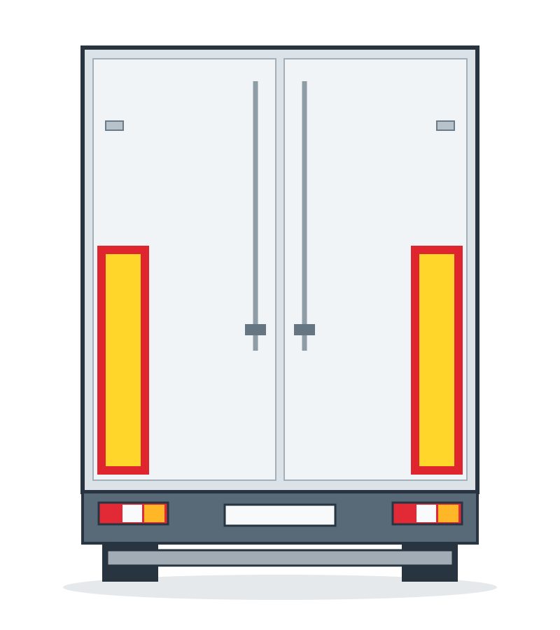 Rear of a vehicle with two vertical yellow panels outlined in red.