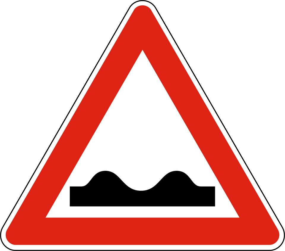 Red-bordered upright triangle; black road profile with two humps and a dip between them.