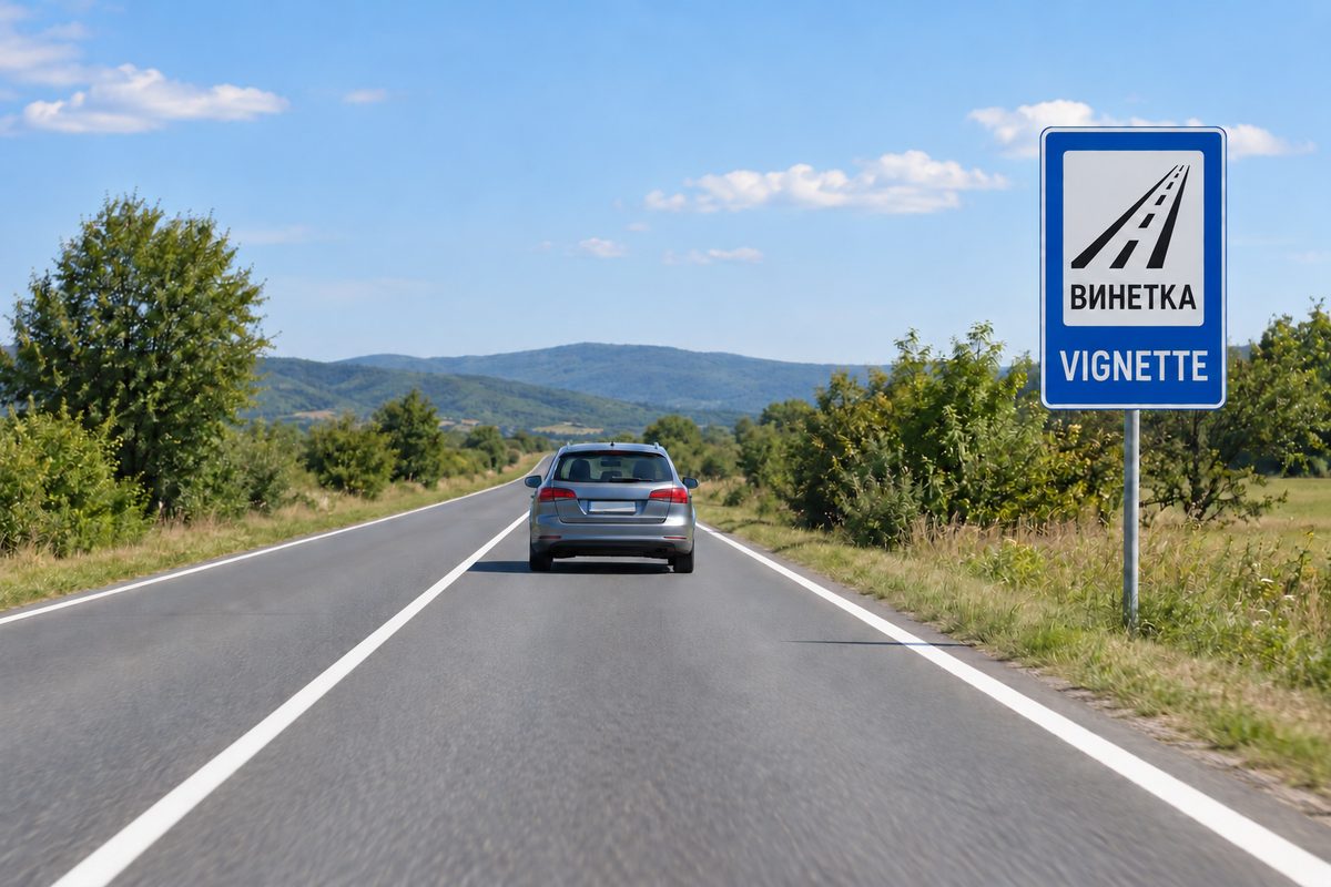 Two-way rural road with a continuous white centreline, one grey car ahead in the right lane, and a blue rectangular sign on the right.