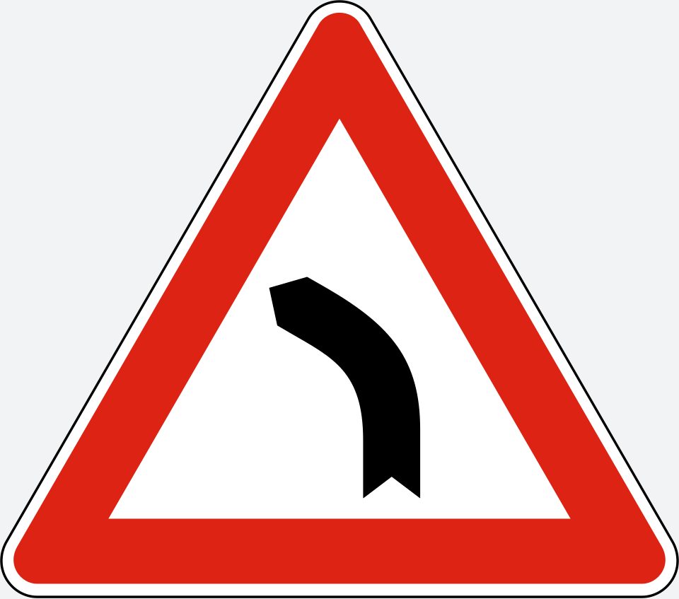 Red-bordered upright triangle; black bent line rises from bottom and turns left.