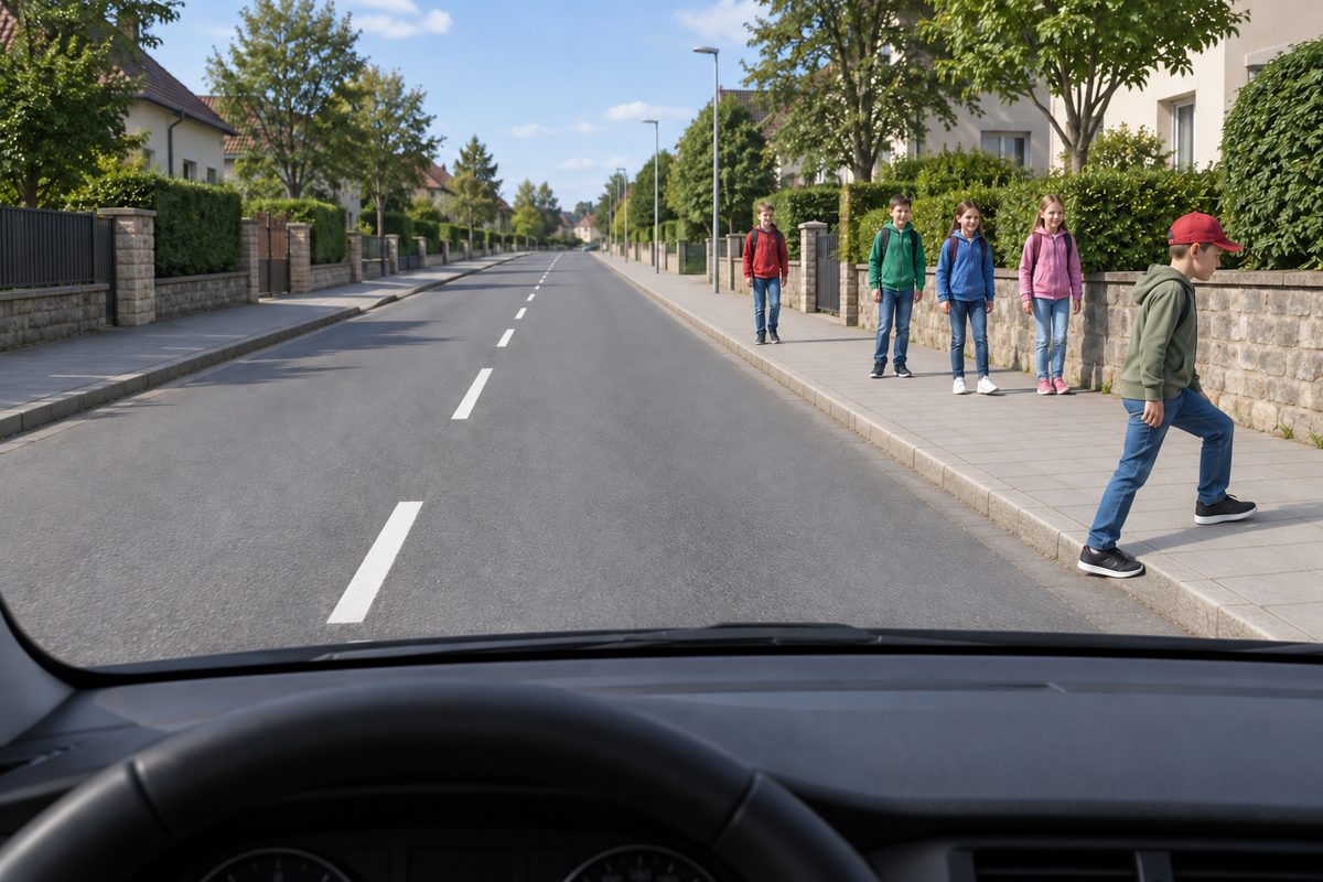 Children stand beside the road while one steps onto the right pavement.