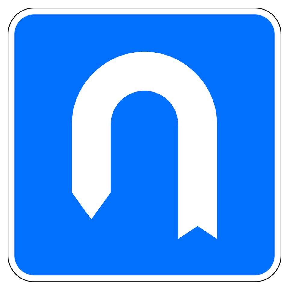 Blue square with a white U-shaped arrow descending on the left.