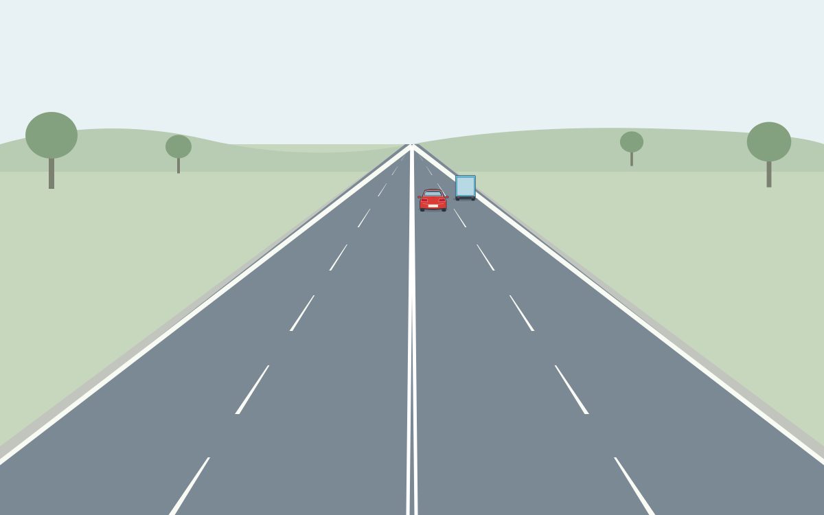 A four-lane rural two-way road with a double solid centre line and a distant red car and blue truck travelling away.