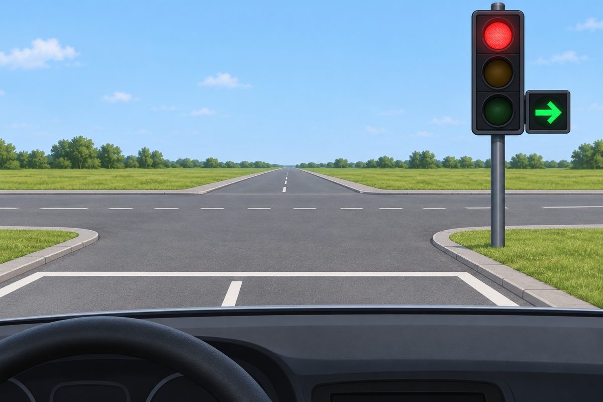 View from a car at a junction. The main signal shows red, and a separate green arrow at bottom-lamp level points right.