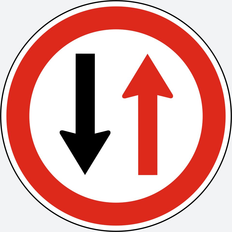 Red-bordered white circle; black downward arrow on the left and red upward arrow on the right.