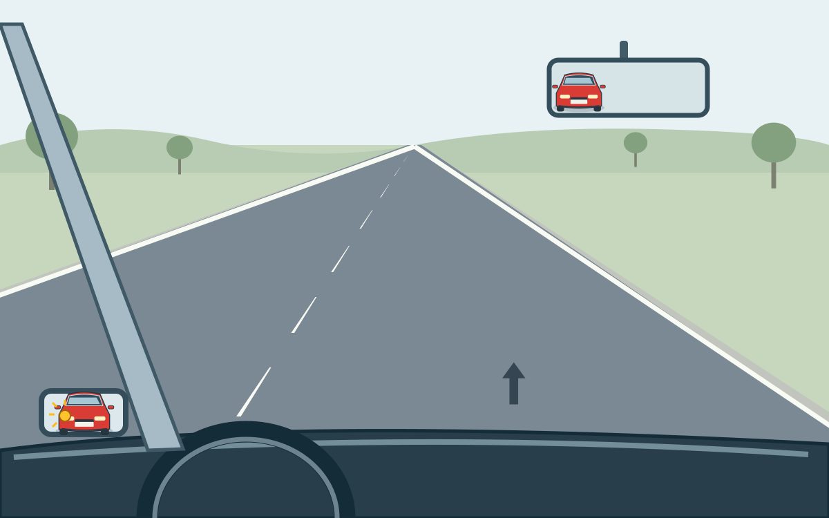 View along a rural road with a red car reflected in the interior and left mirrors, and an amber signal visible in the left mirror.