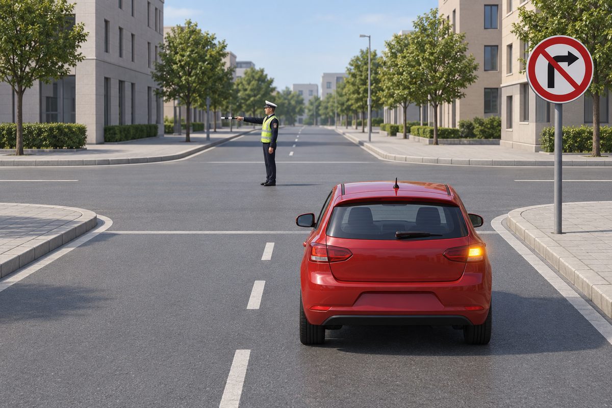 A red car signals right near a white circular sign with a red border and diagonal slash over a black right-turn arrow; a controller in side profile extends his right arm horizontally toward the left.