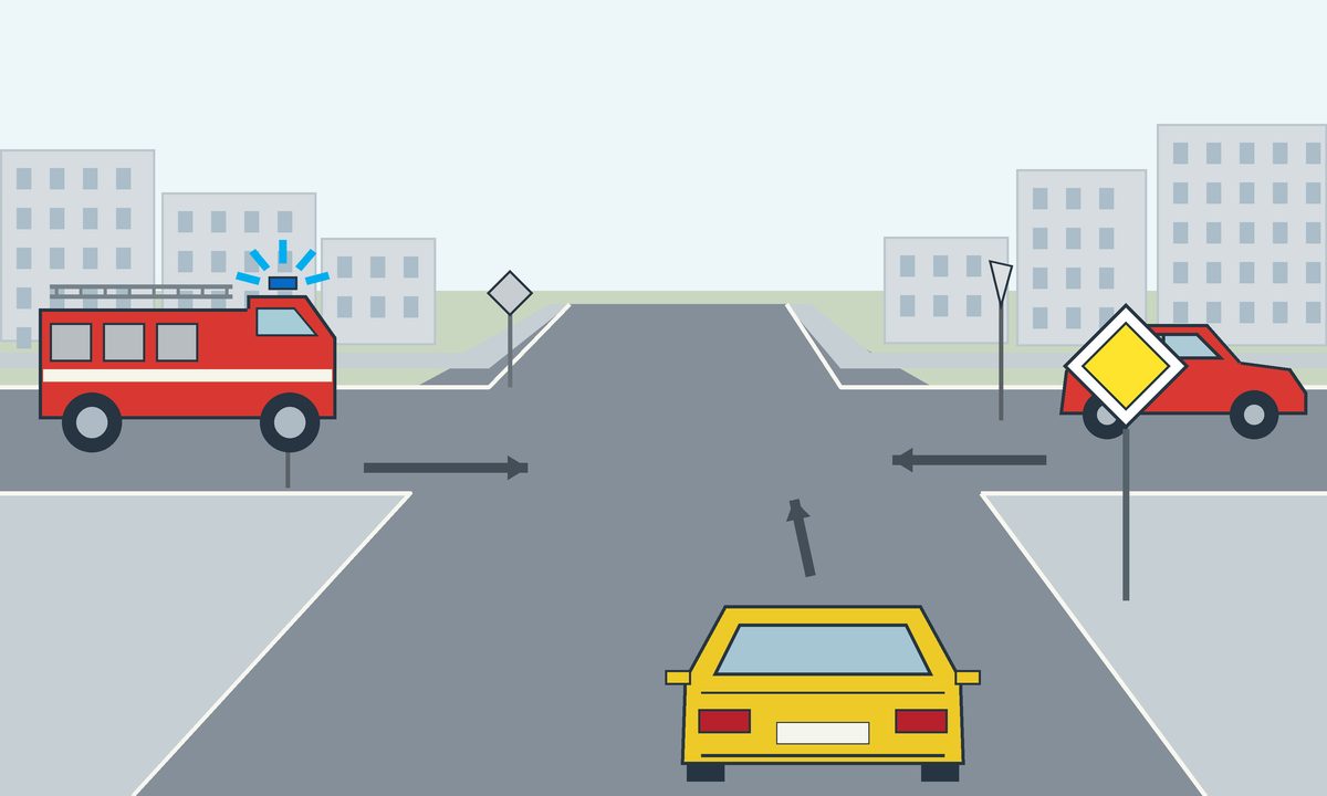 Three vehicles at a junction with arrows, signs and a blue vehicle light.