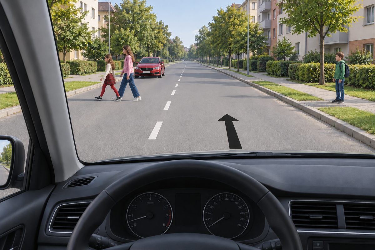 Two girls walk left in the left lane, a boy stands on the right sidewalk, a red car faces the viewer farther ahead, and a black arrow points forward in the right lane.