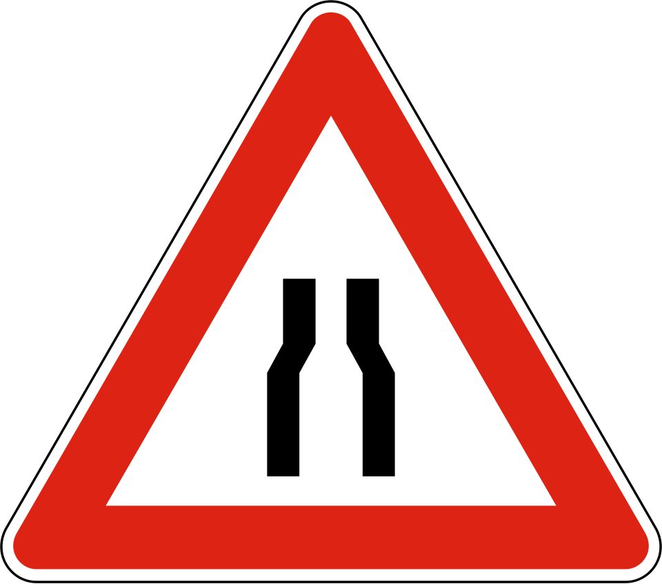 Red-bordered triangle with two black lines bending towards each other.