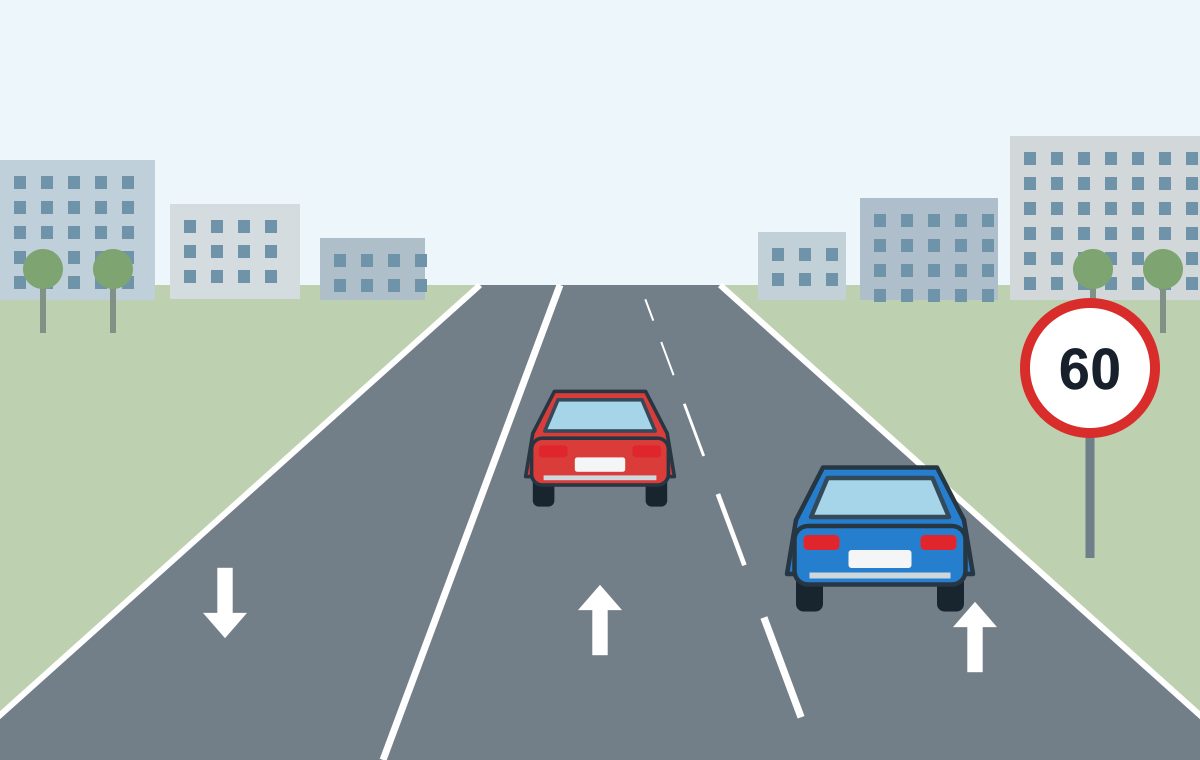 Red and blue cars in adjacent forward lanes of an urban road, with a 60 sign and an opposing lane.