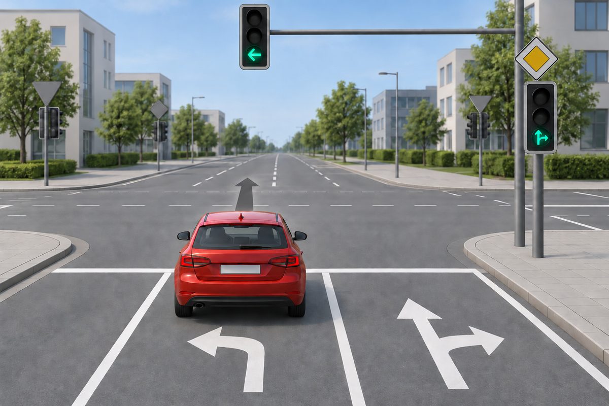 A red car has a straight intended path from a left-turn lane beneath a green left arrow; the adjacent lane and signal show straight/right arrows.