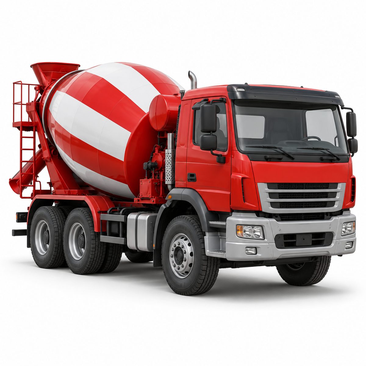 Red road vehicle with a cab and a large mixing drum.