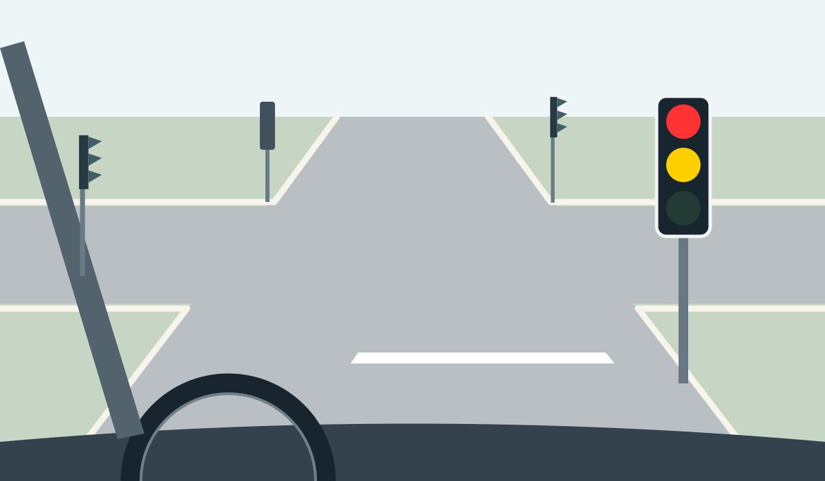 Driver view of an empty four-way junction and stop line. The facing signal has its red and amber lamps lit together and its green lamp dark.