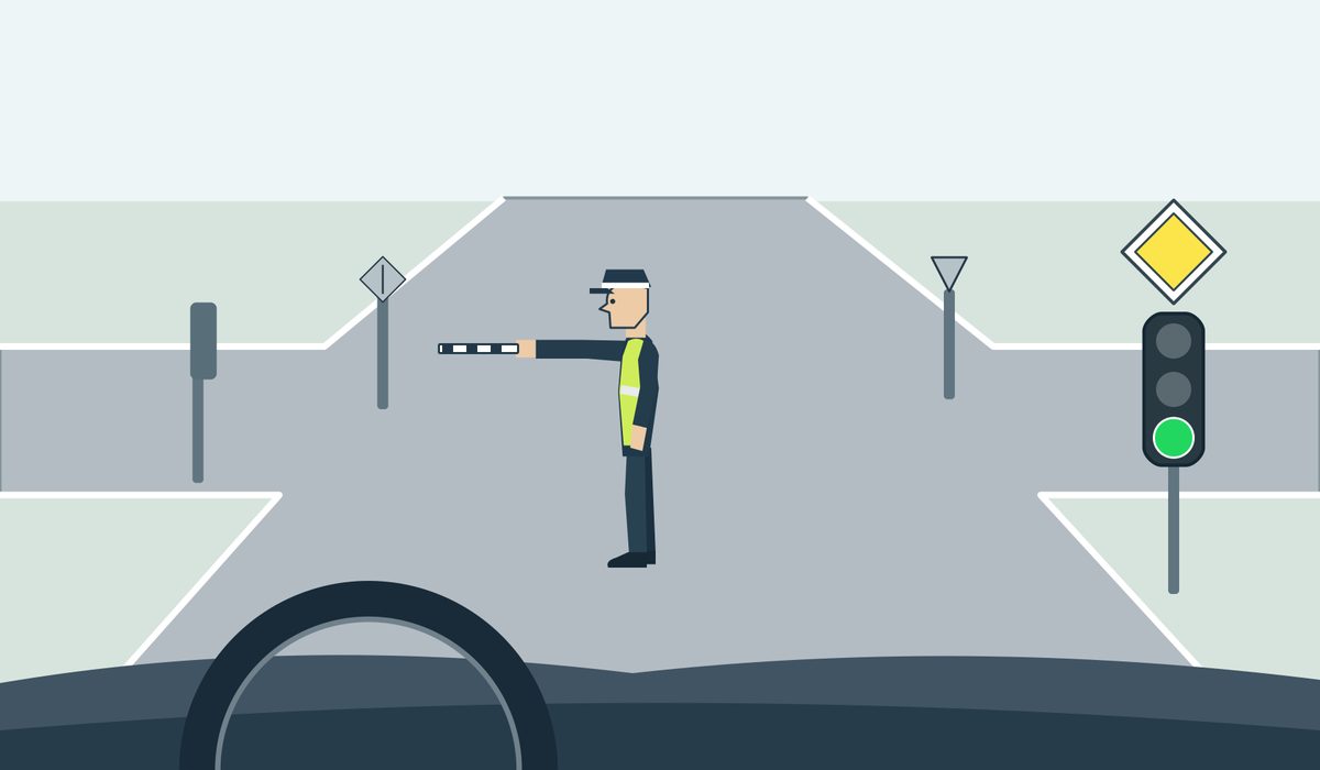Driver view of a controller in left-facing profile with the right arm extended forward and the left arm down, a green light and priority sign; no route arrow or turn indicator.