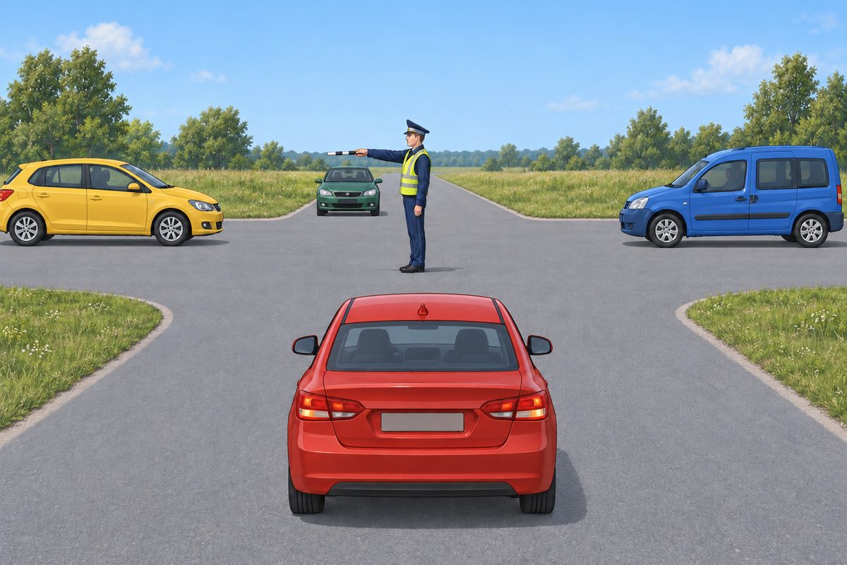 A junction with a red sedan in the foreground, green sedan opposite, yellow hatchback left and blue passenger van right. A traffic controller faces left in profile with his right arm extended forward to the left.