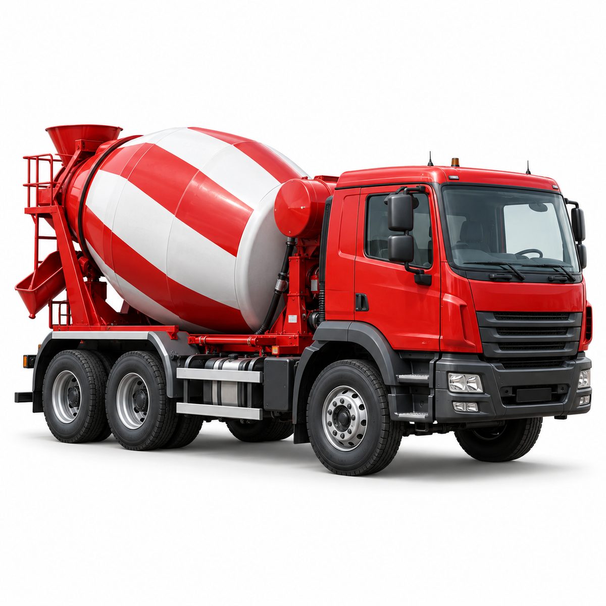 Red road vehicle with a cab and a large mixing drum.